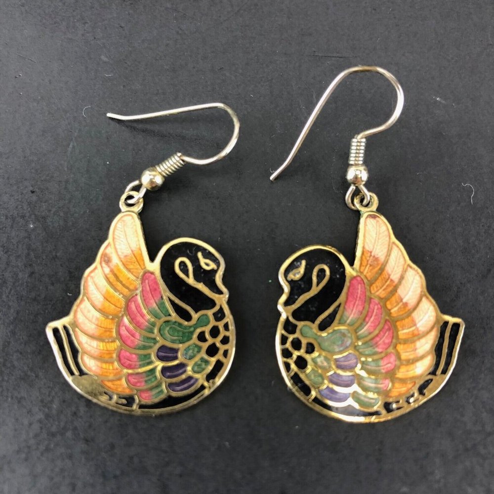 Vintage Avon Cloisonne Earrings Enamel Swans Gold-Tone - Picture 1 of 3